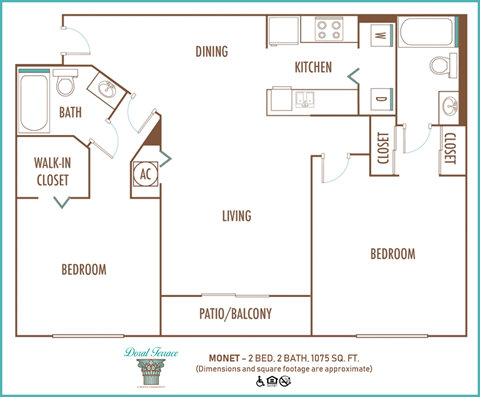 Floor plan for 2 beds, 2 baths, 1075 sqft
